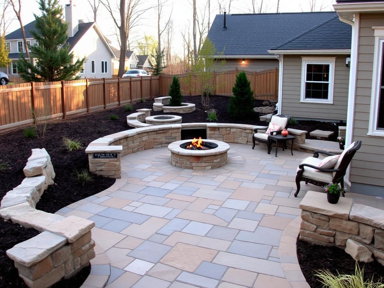 Stone paver patio with a fire pit and seating walls in a landscaped backyard