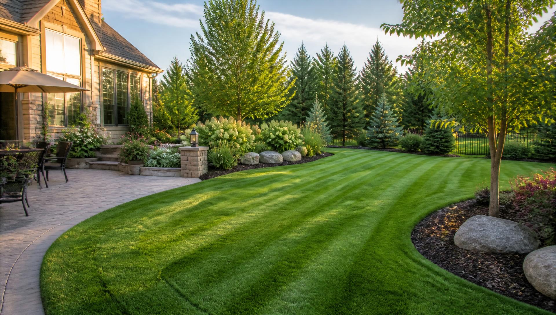 Freshly mowed striped lawn beside a stone patio and landscaped garden beds